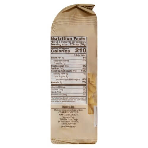 Back of Ziti 16 oz package showing Nutrition Facts and ingredients