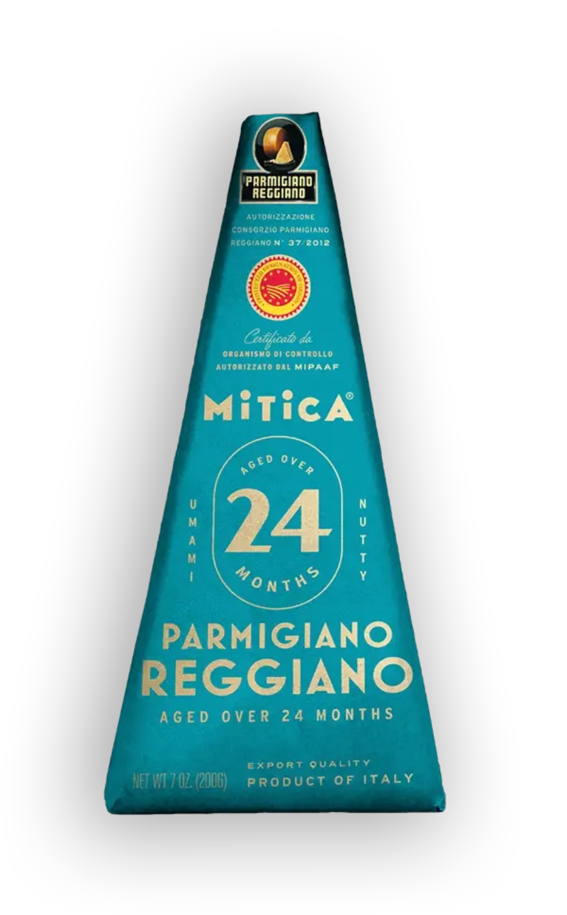 Mítica Parmigiano Reggiano packaging with blue and green design