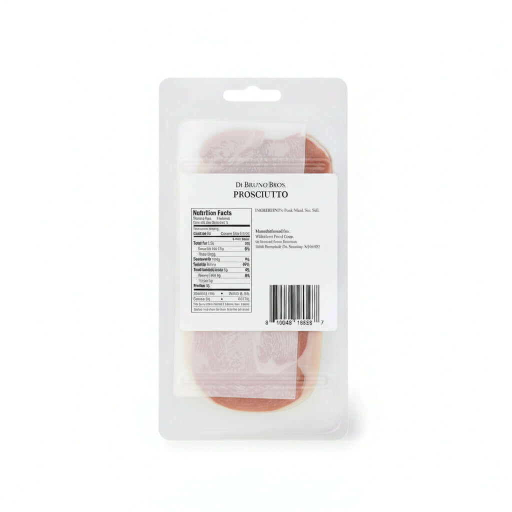 Packaged prosciutto with a label on a marble surface