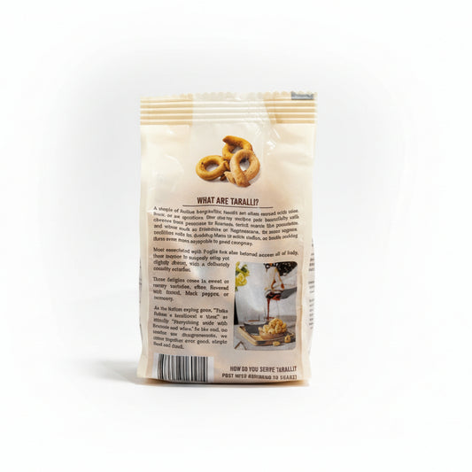 Back view of a Taralluci package with text and images on a white background