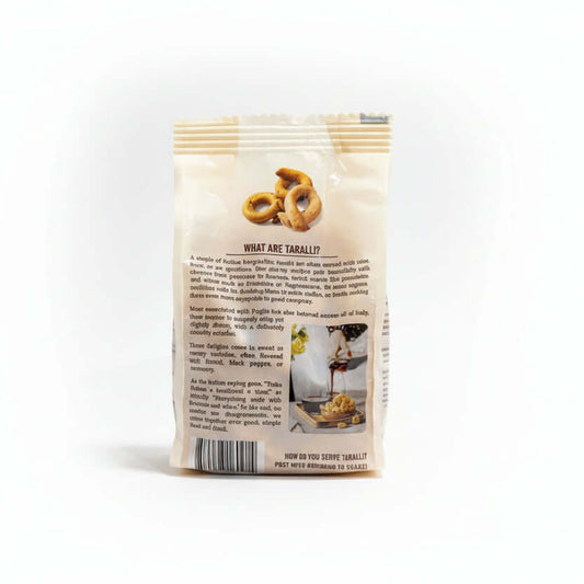 Back view of a Taralluci package with text and images on a white background