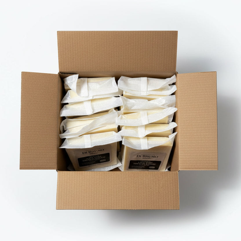Box of Di Bruno butter packages on a brown background