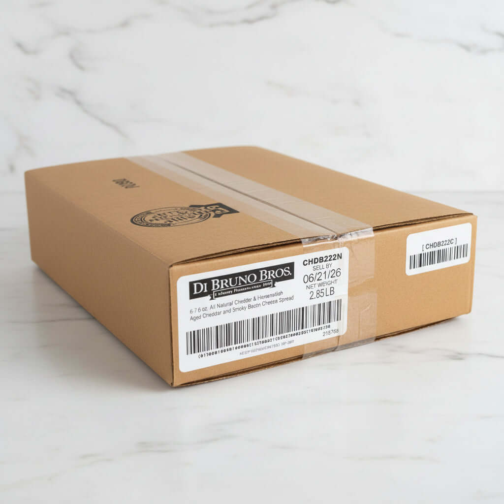 Cardboard box with Di Bruno Bros labels on a reflective surface