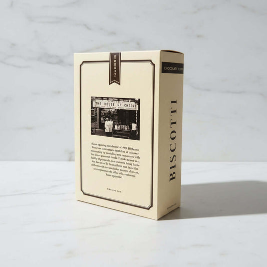 Biscotti packaging with brand name on a dark surface