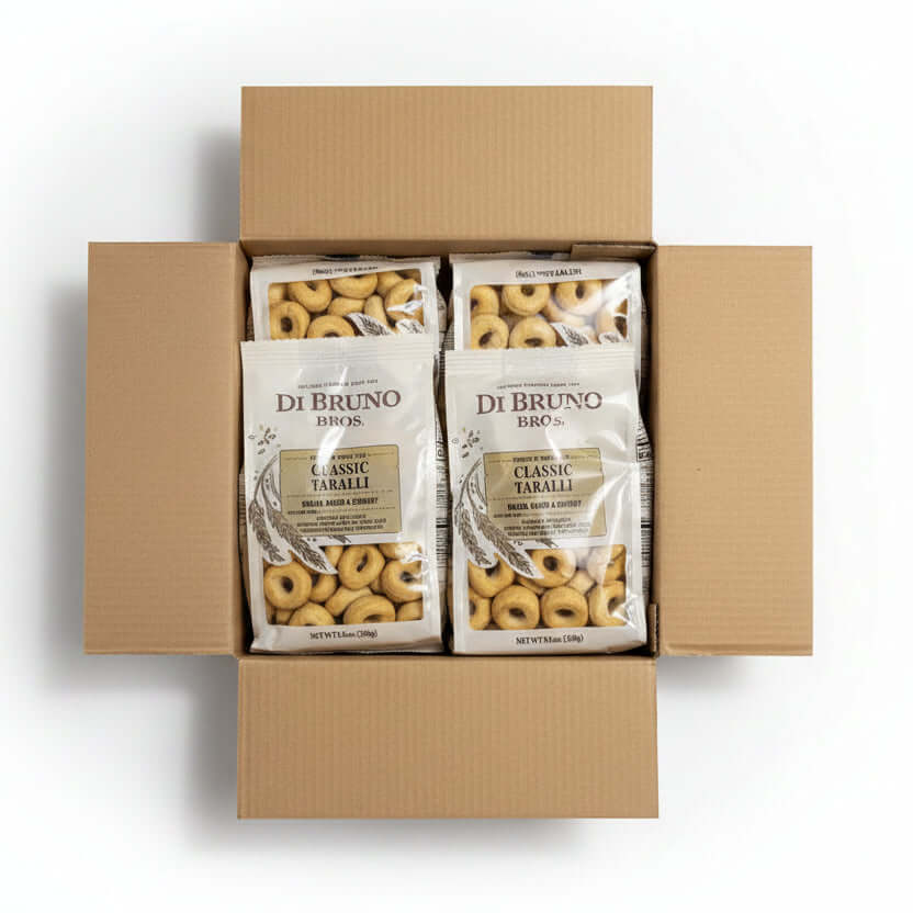 Box of Di Bruno Bros Classic Taralli on a cardboard surface