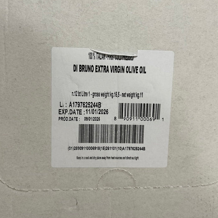 Label on a box of Di Bruno Extra Virgin Olive Oil with product details and barcode.