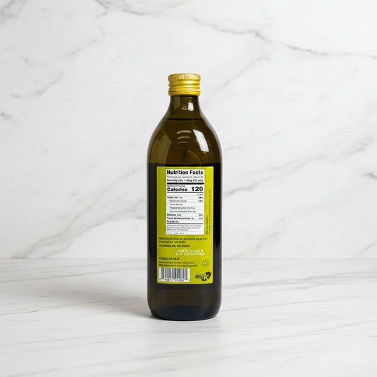 Bottle with a nutrition facts label on a dark surface