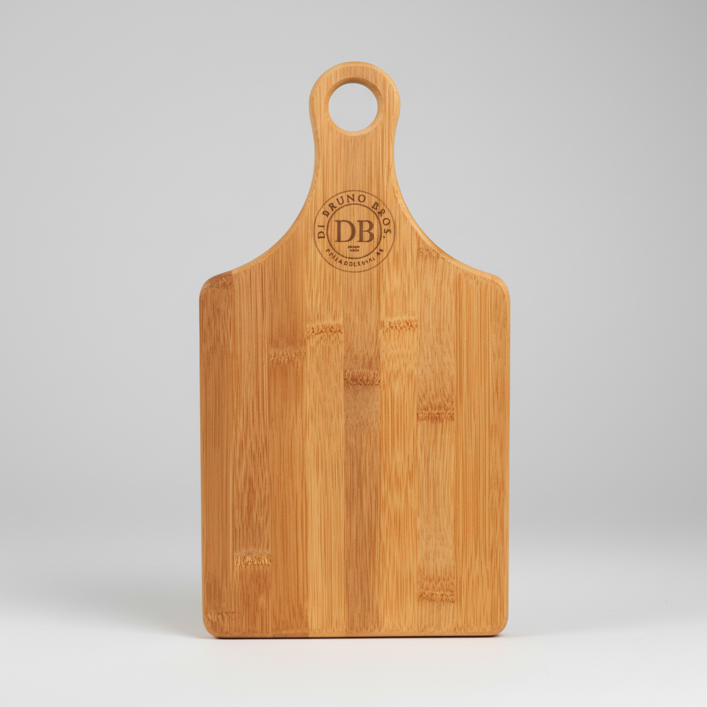 Wooden cutting board with a handle on a white background