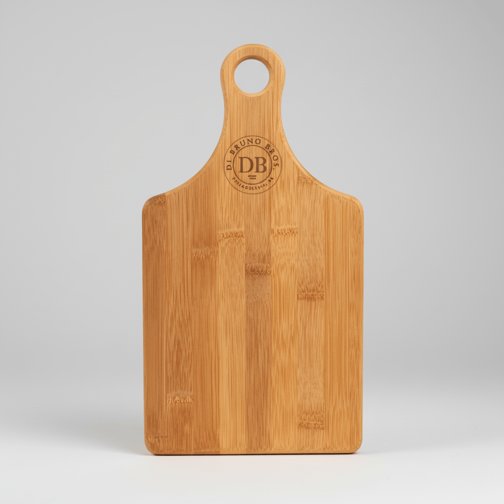 Wooden cutting board with a handle on a white background