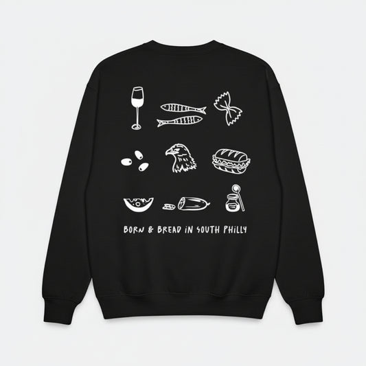Black sweatshirt with white graphics and text on the back