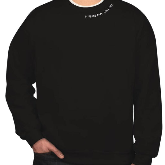 Black sweatshirt with white text on a white background