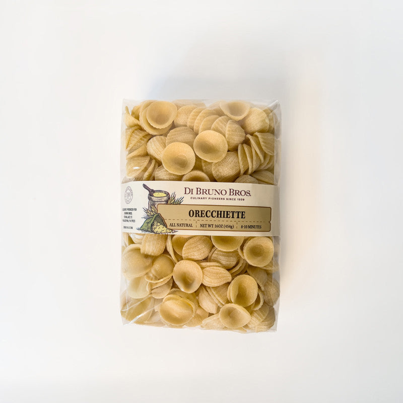 Packaged Di Bruno Bros. orecchiette pasta in a clear plastic bag.