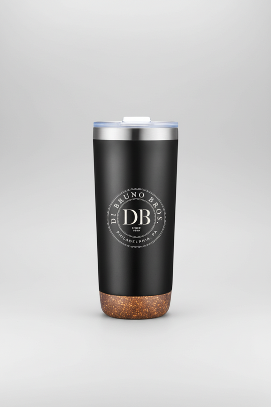 Black tumbler with cork base and Di Bruno Bros logo on a white background