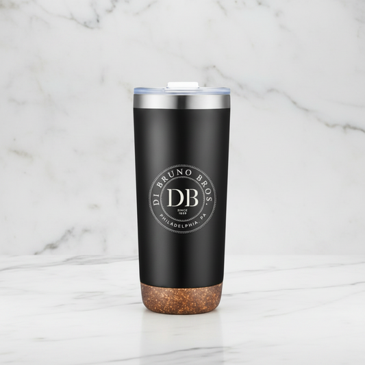 Black tumbler with cork base and Di Bruno Bros logo on a white background