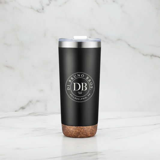 Black tumbler with cork base and Di Bruno Bros logo on a white background