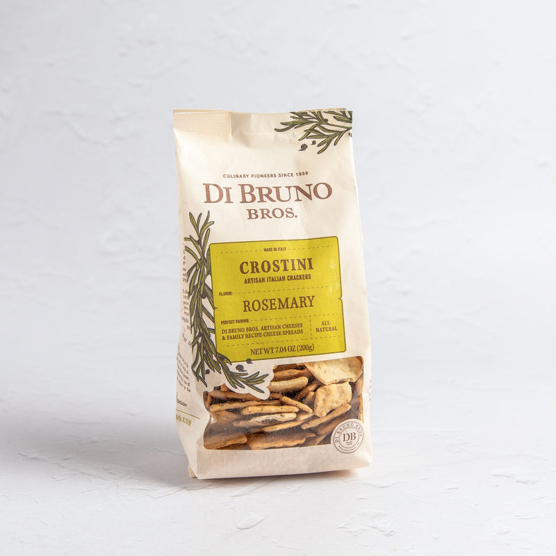 Packaging of Di Bruno Bros. Rosemary Crostini, displaying the product name and an image of the crostini crackers.