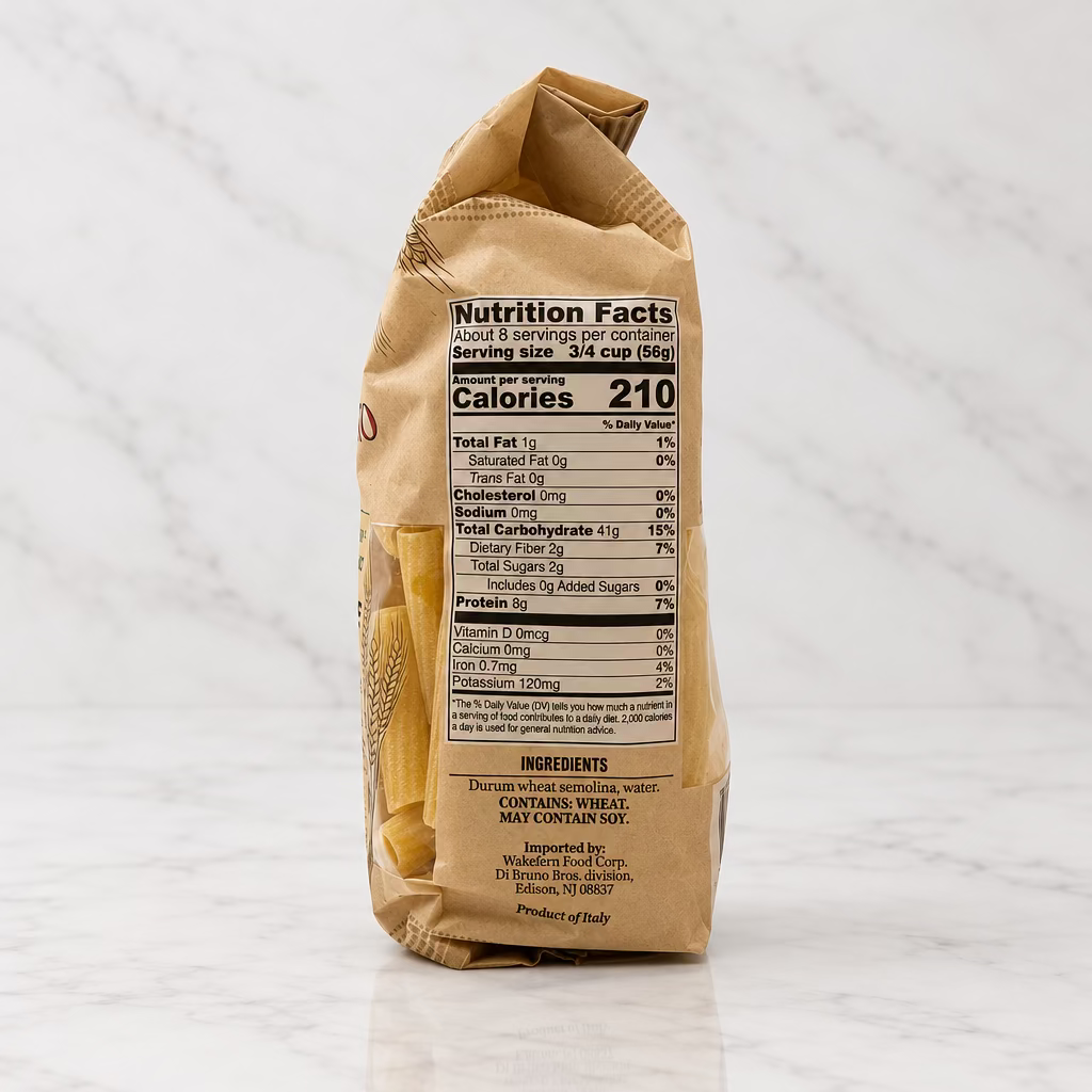 A bag of pasta standing upright against a plain white background, showing the back of the packaging with the nutrition facts label visible.