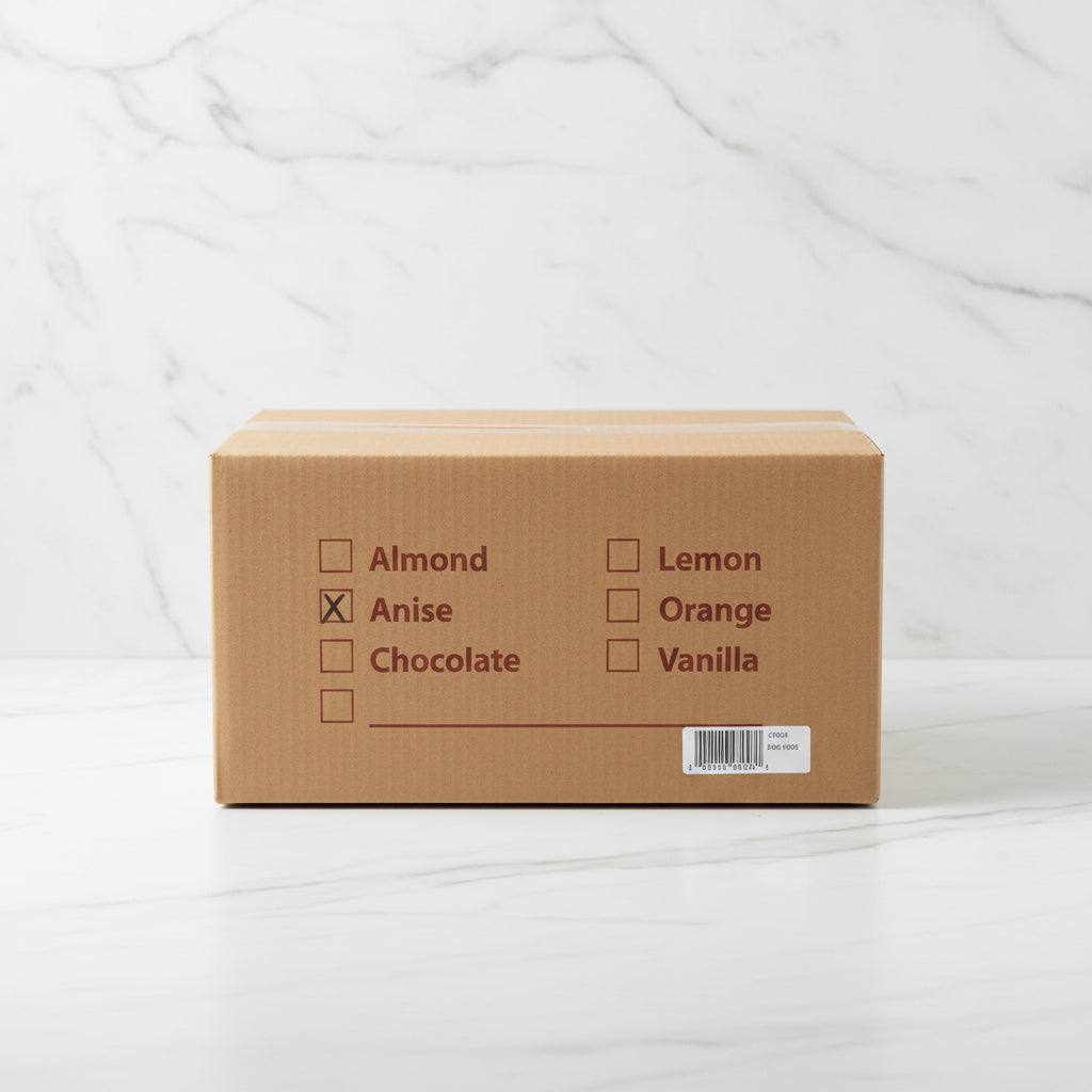 Cardboard box with flavor selection checkboxes on a white background