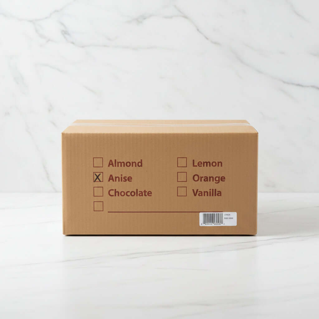 Cardboard box with flavor selection checkboxes on a white background