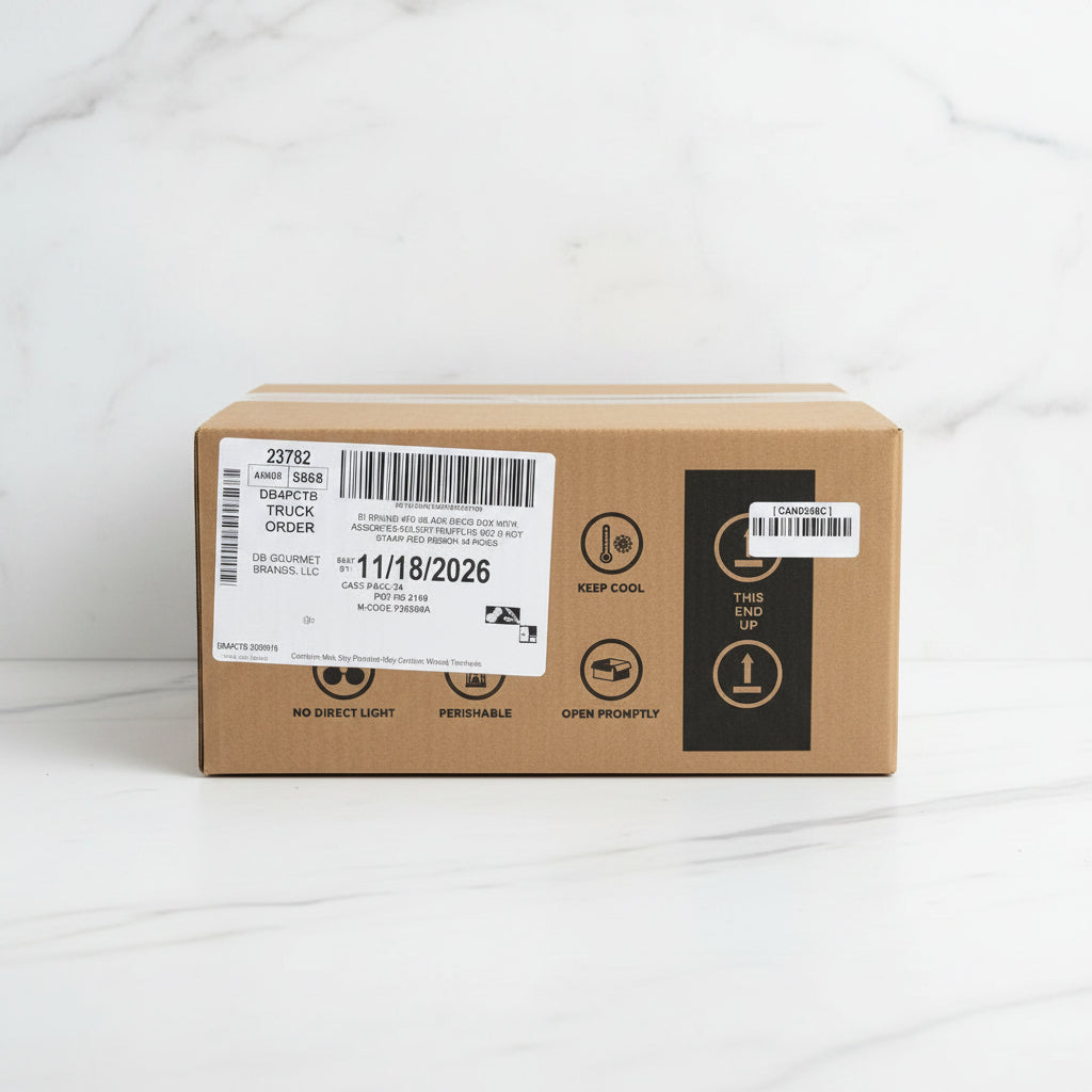 Cardboard box with shipping labels in a warehouse setting