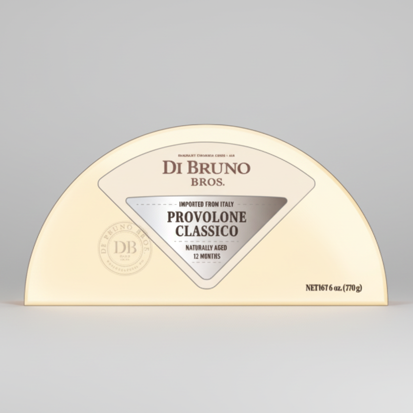 Di Bruno Bros Provolone Classico cheese wheel on a white background