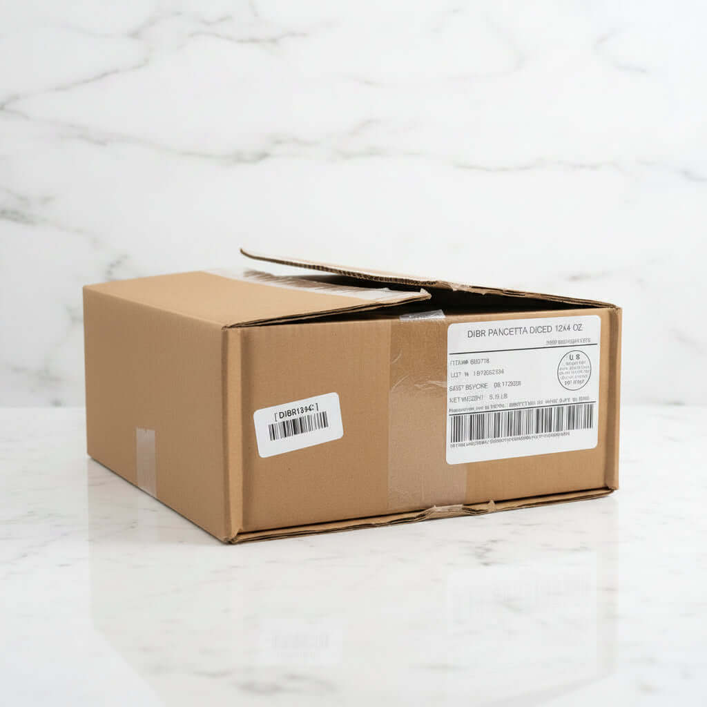 Cardboard box with labels on a white marble surface
