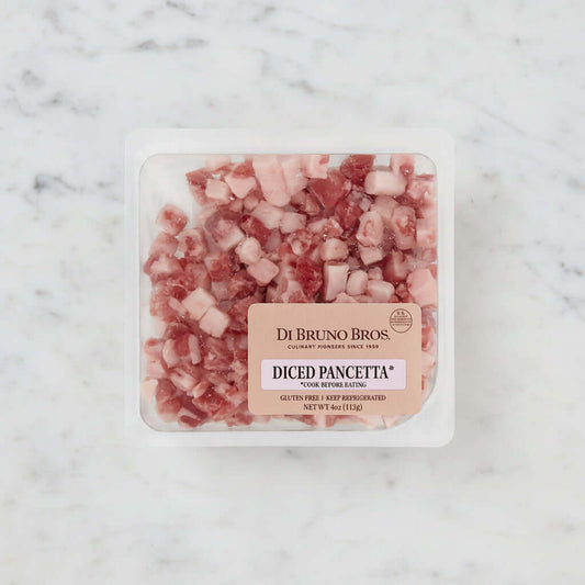 Packaged diced pancetta with Di Bruno Bros label on a white background