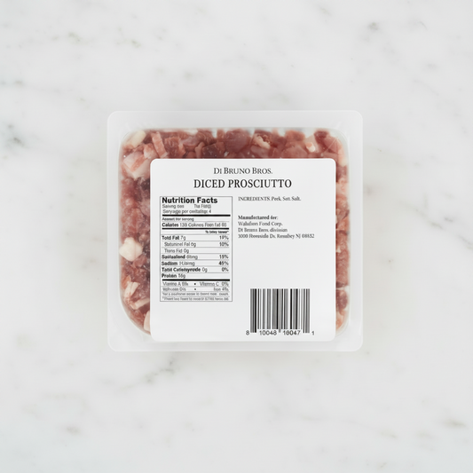 Packaged diced prosciutto with a label showing nutrition facts and ingredients.