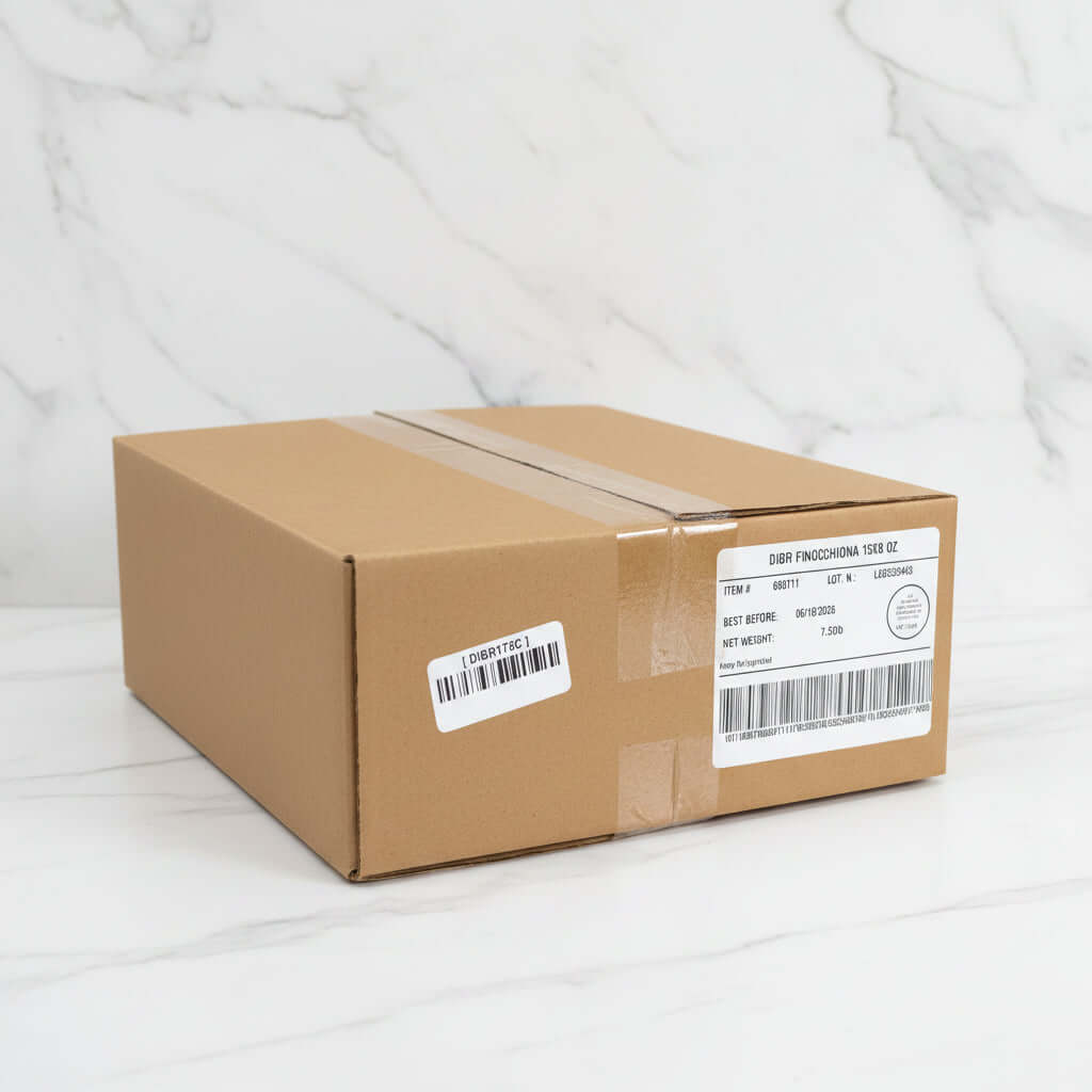 Cardboard box with labels in a warehouse setting