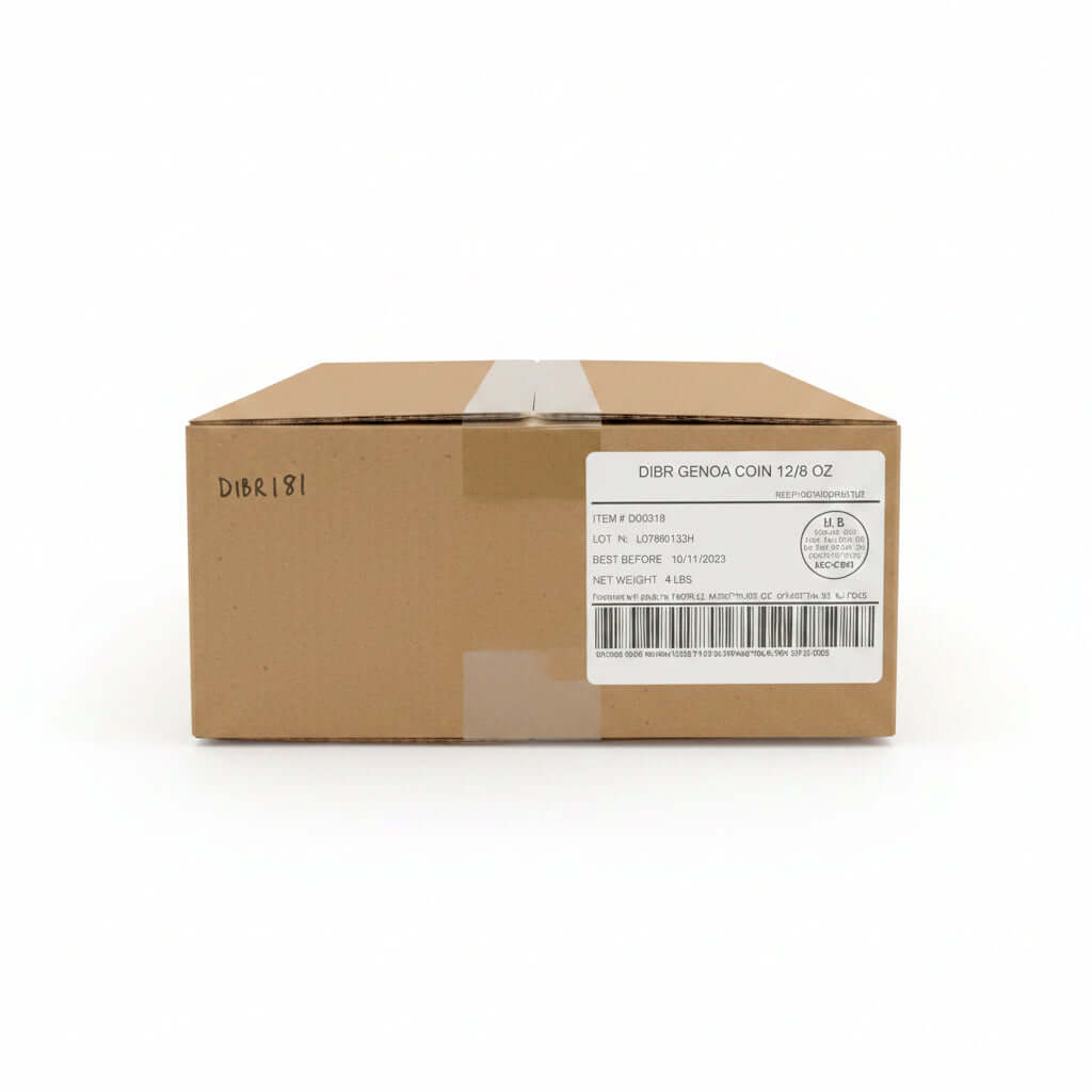Cardboard box with a label on a pallet in a warehouse setting