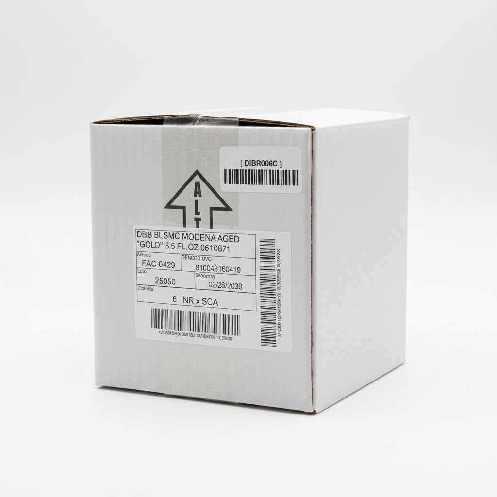 Cardboard box with labels and barcodes on a reflective surface