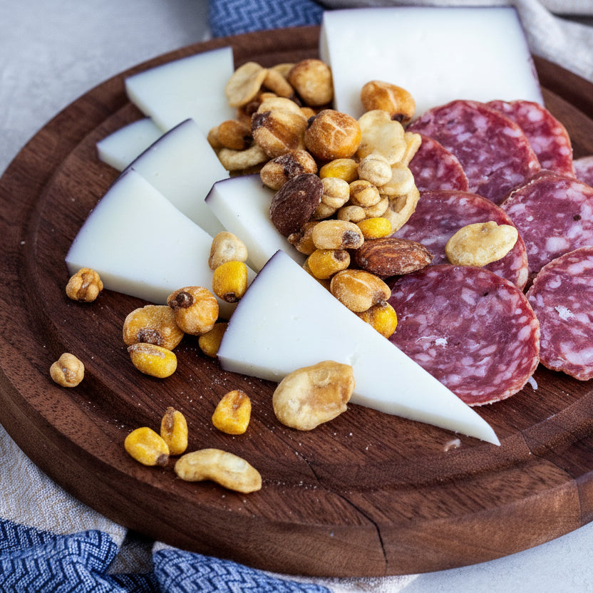 Wooden platter with sliced salami, cheese, and nuts on a light background
