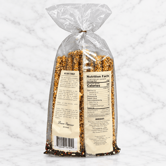 Everything grissini breadsticks in transparent packaging showcasing nutritional facts and ingredients.