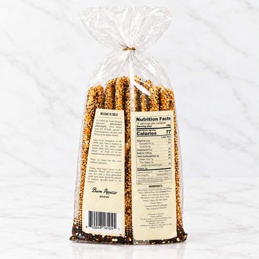 Everything grissini breadsticks in transparent packaging showcasing nutritional facts and ingredients.