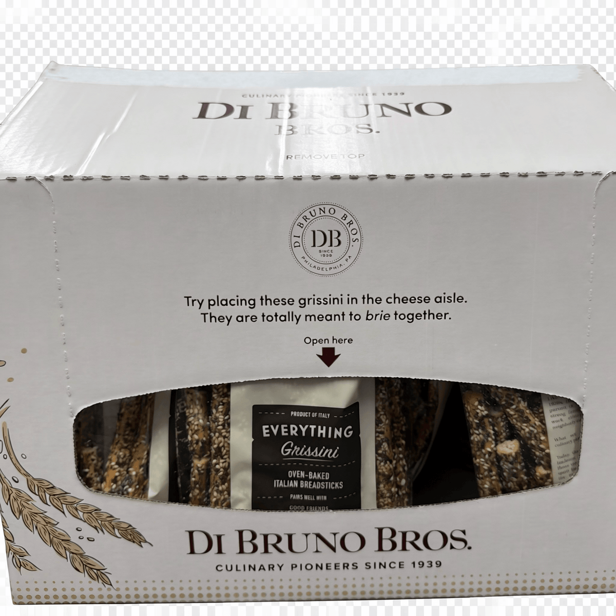 Everything grissini breadsticks in a Di Bruno Bros. box, ready to pair with cheese.