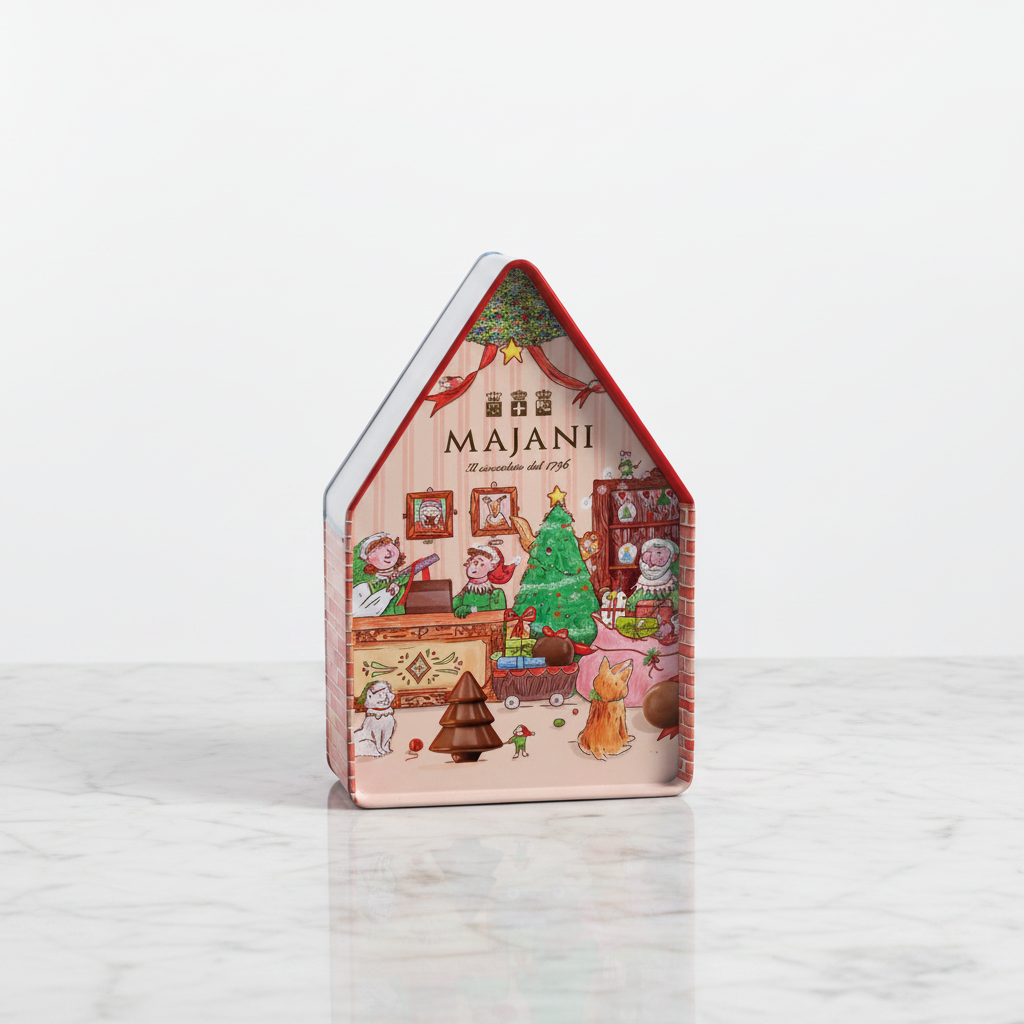 A Majani Christmas advent tin shaped like a house, featuring a detailed festive illustration on the front with a Christmas tree, gifts, and characters, set against a plain white background.