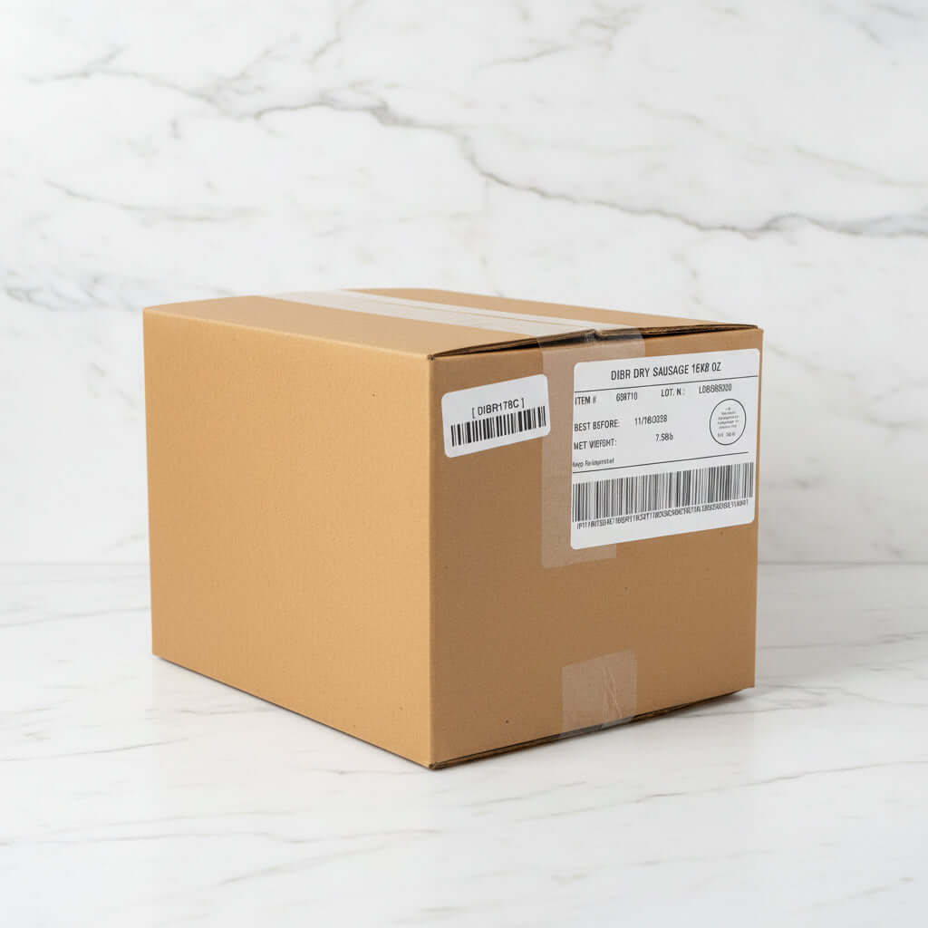 Cardboard box with labels on a shelf in a warehouse setting