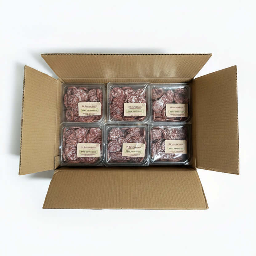 Box containing multiple packages of meat products with visible labels.