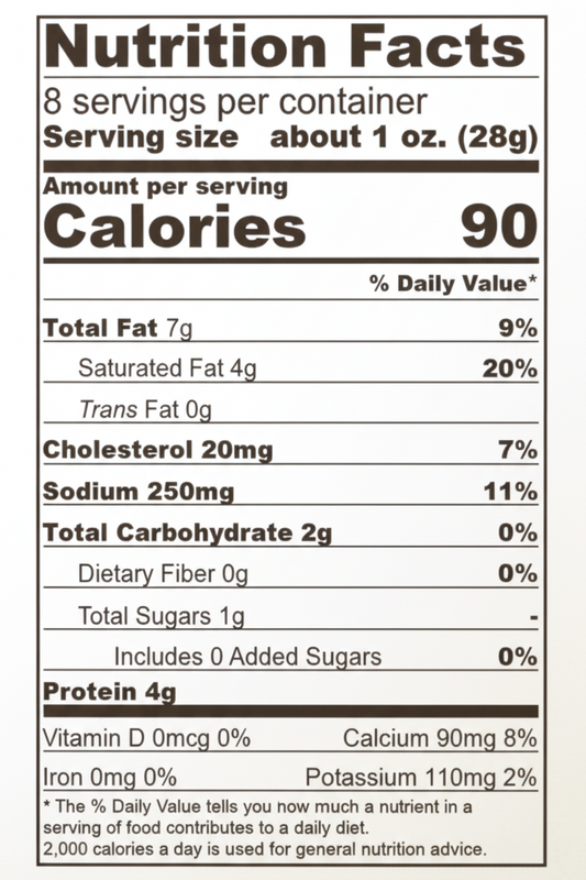 Nutrition facts label for a food product with serving size and calories listed.