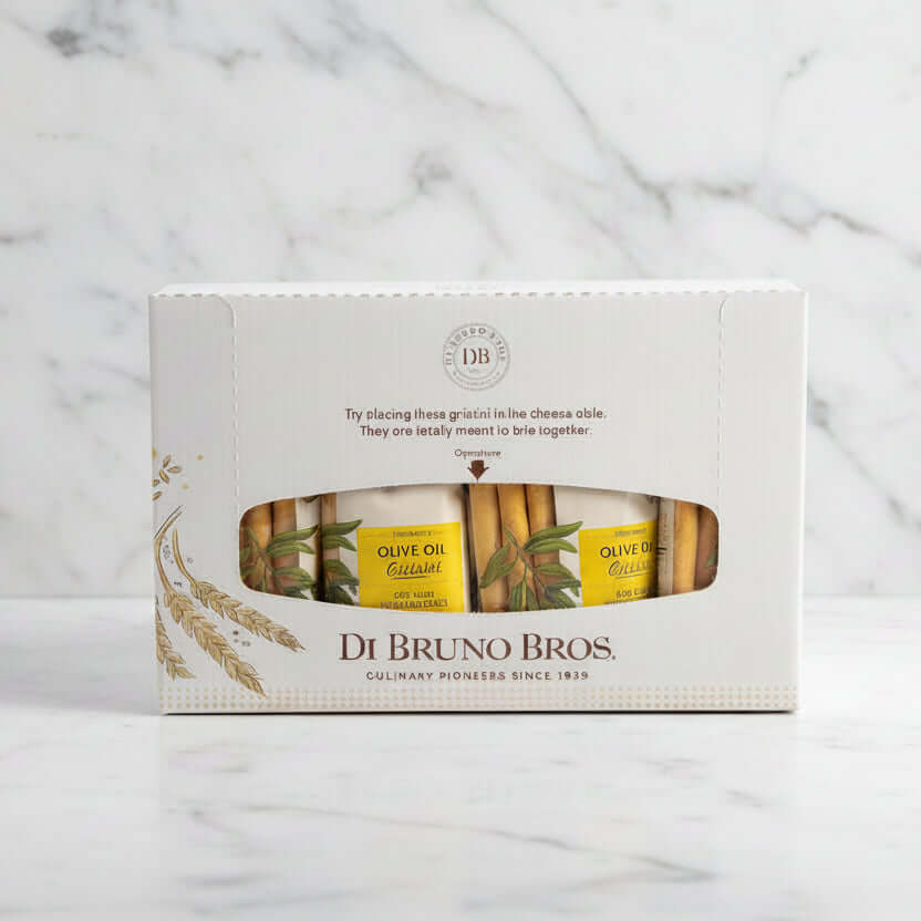 Di Bruno Bros pasta box on a white marble surface