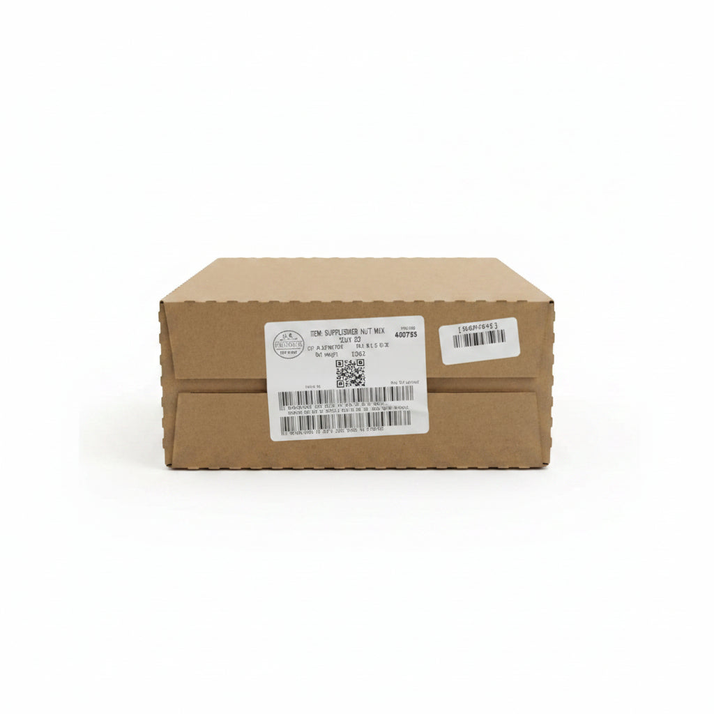 Cardboard box with labels on a table in a warehouse setting