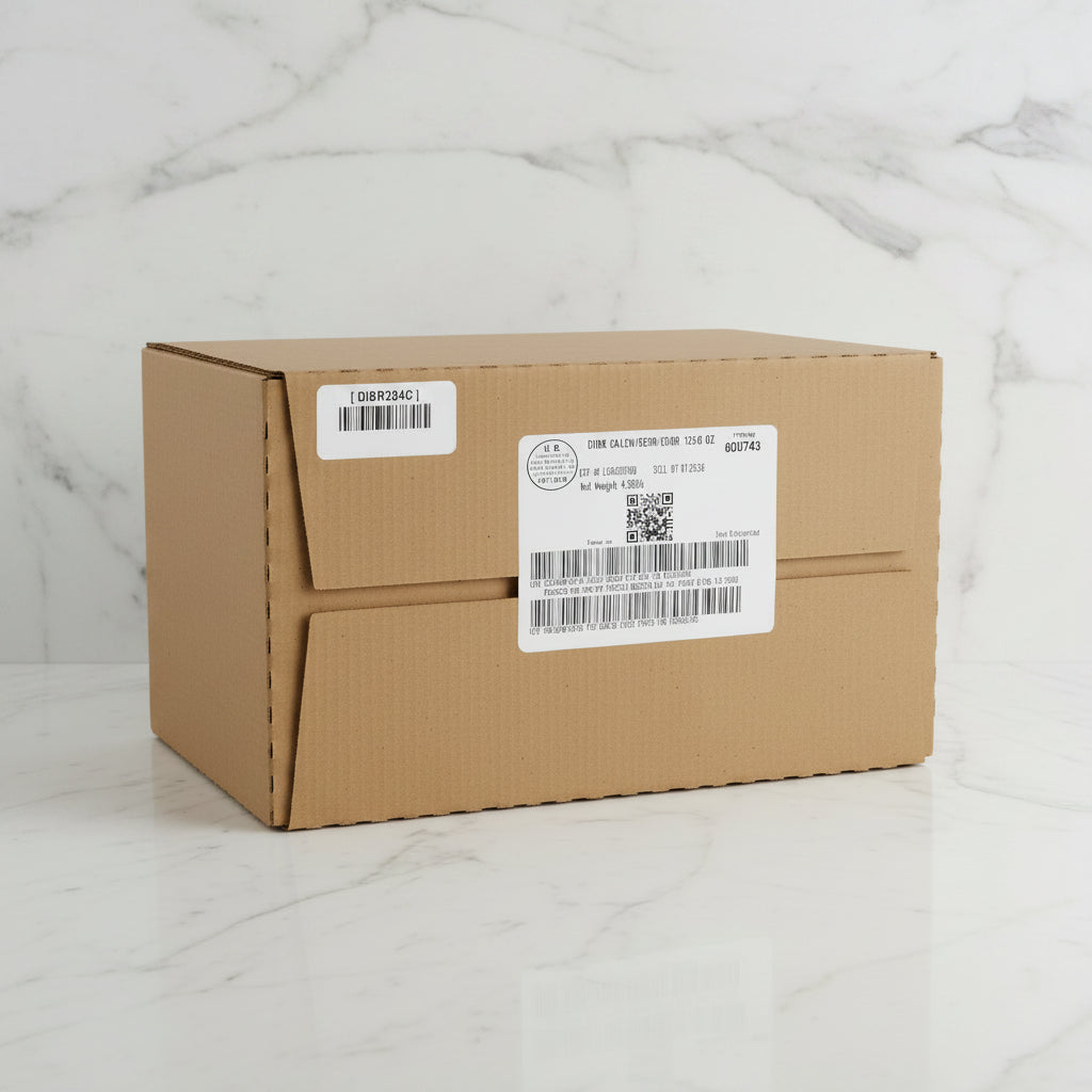 Cardboard box with labels in a warehouse setting