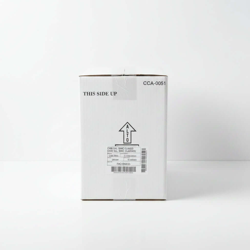 White cardboard box with 'This Side Up' label on a black surface