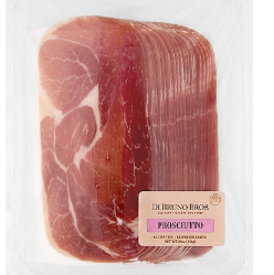 Prosciutto in packaging with a label on a white background