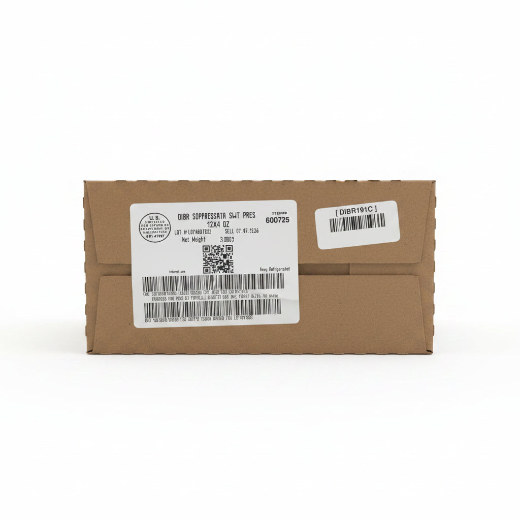 Cardboard box with labels on a warehouse shelf