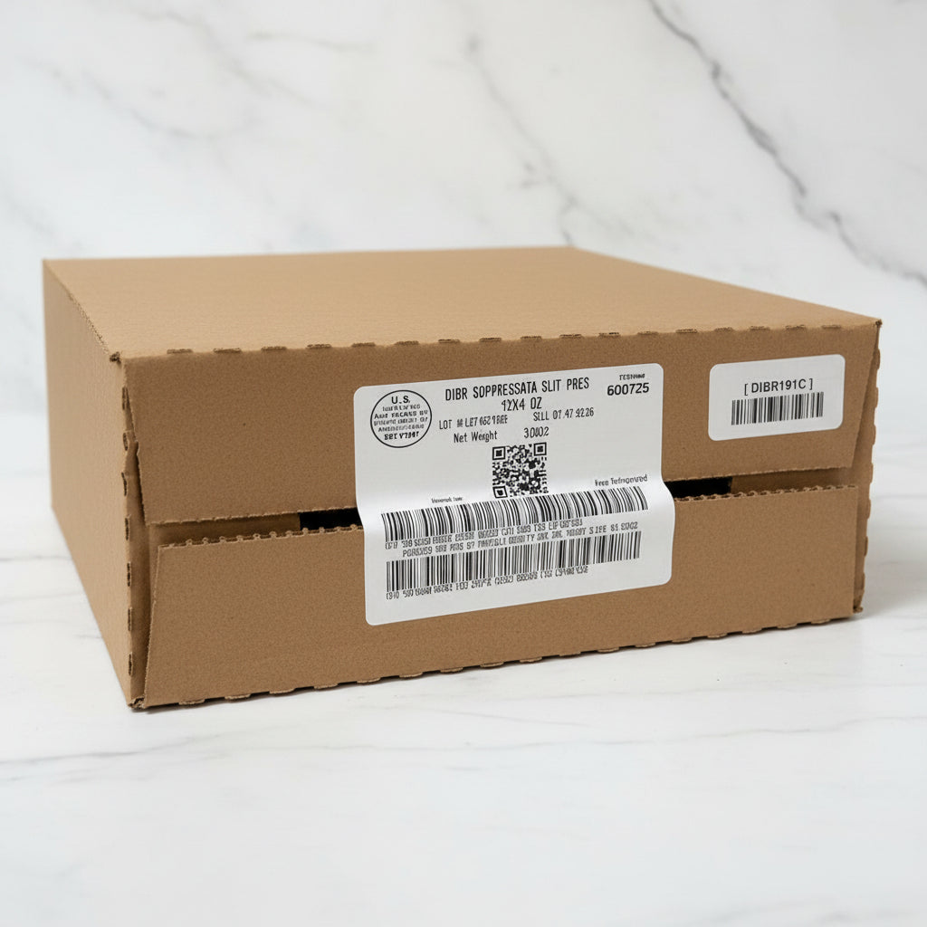 Cardboard box with labels on a shelf in a warehouse setting