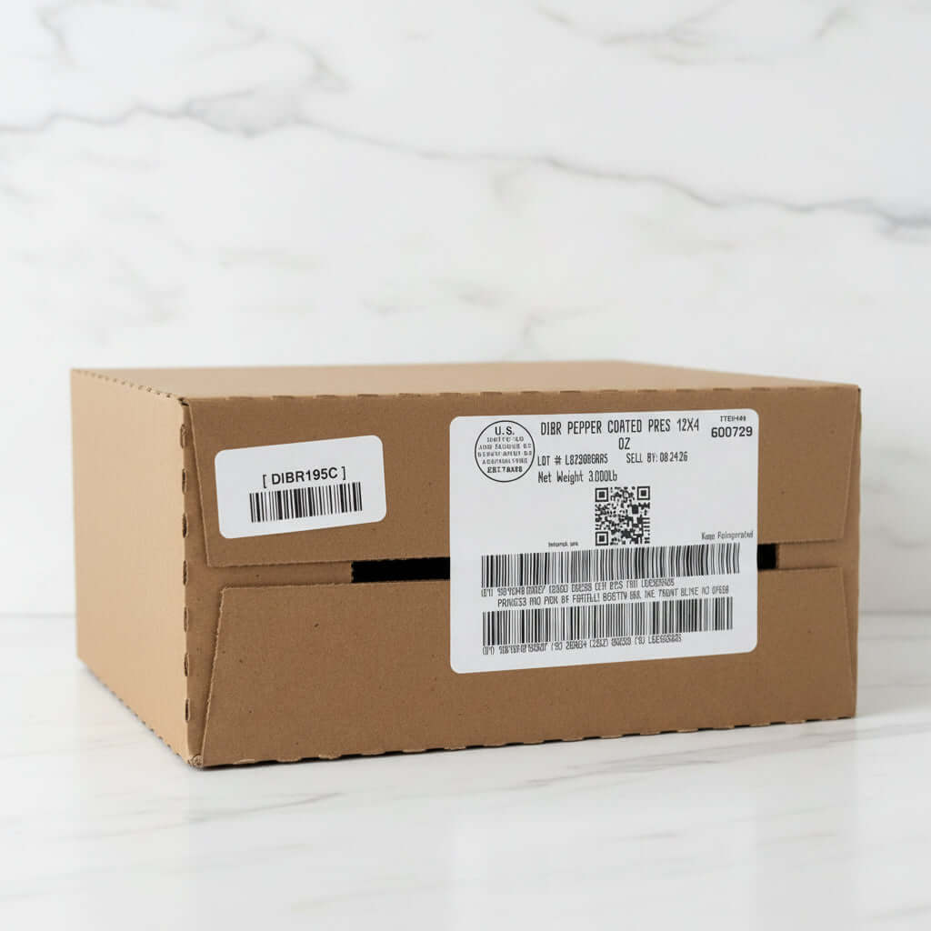 Cardboard box with labels and barcodes in a warehouse setting