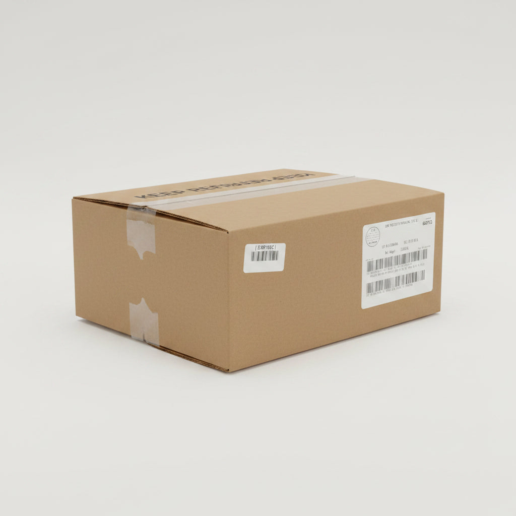 Cardboard box with barcode labels on a warehouse shelf