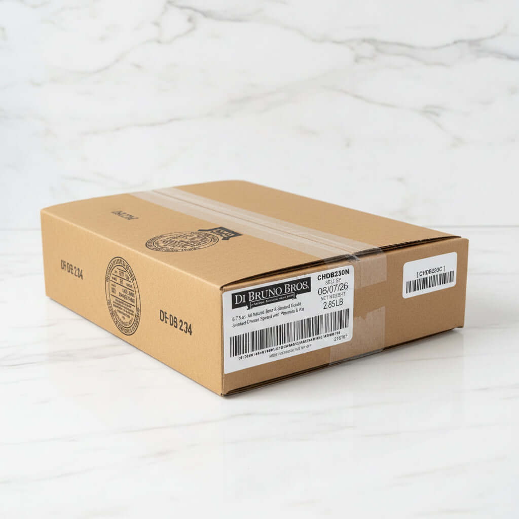 Cardboard box with Di Bruno Bros label on a black surface