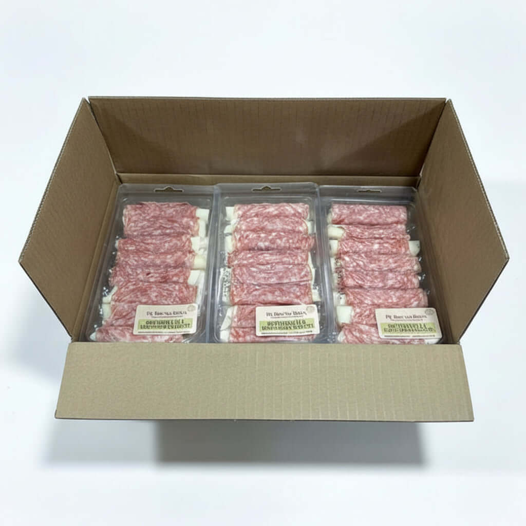 Packaged salami and mozzarella sticks in a cardboard box